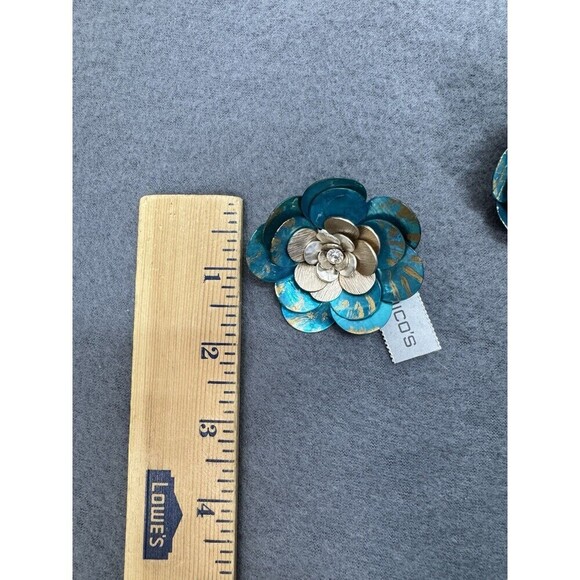 Chicos Dionne Flower Pin Brooch Lot Of 2 Teal Blue Gold Rhinestone Statement - Picture 6 of 7